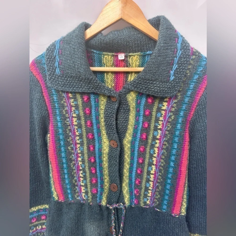 HANDMADE knit multicolour embroidery wool sweater - Picture 10 of 11